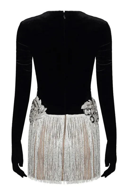 Amozae-hoco dresses -Luxury Deep V Gloved Long Sleeve Flower Sequin Fringe Party Mini Dress - Black