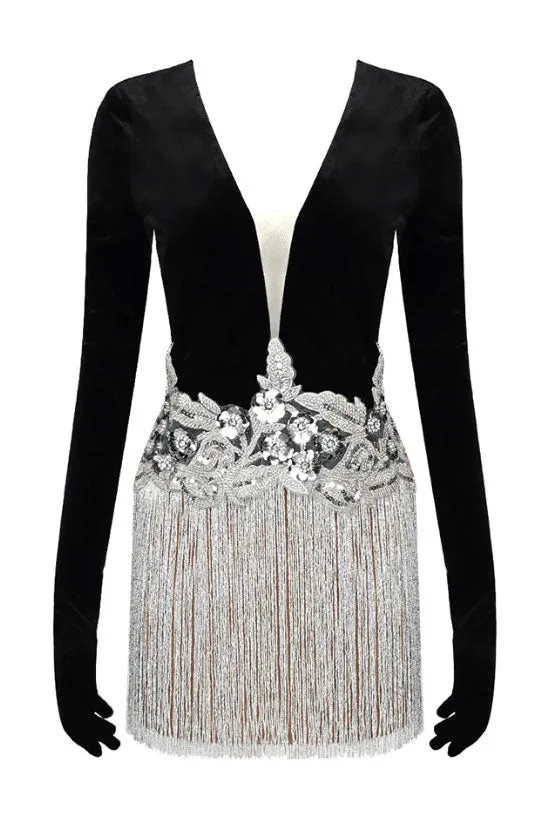 Amozae-hoco dresses -Luxury Deep V Gloved Long Sleeve Flower Sequin Fringe Party Mini Dress - Black