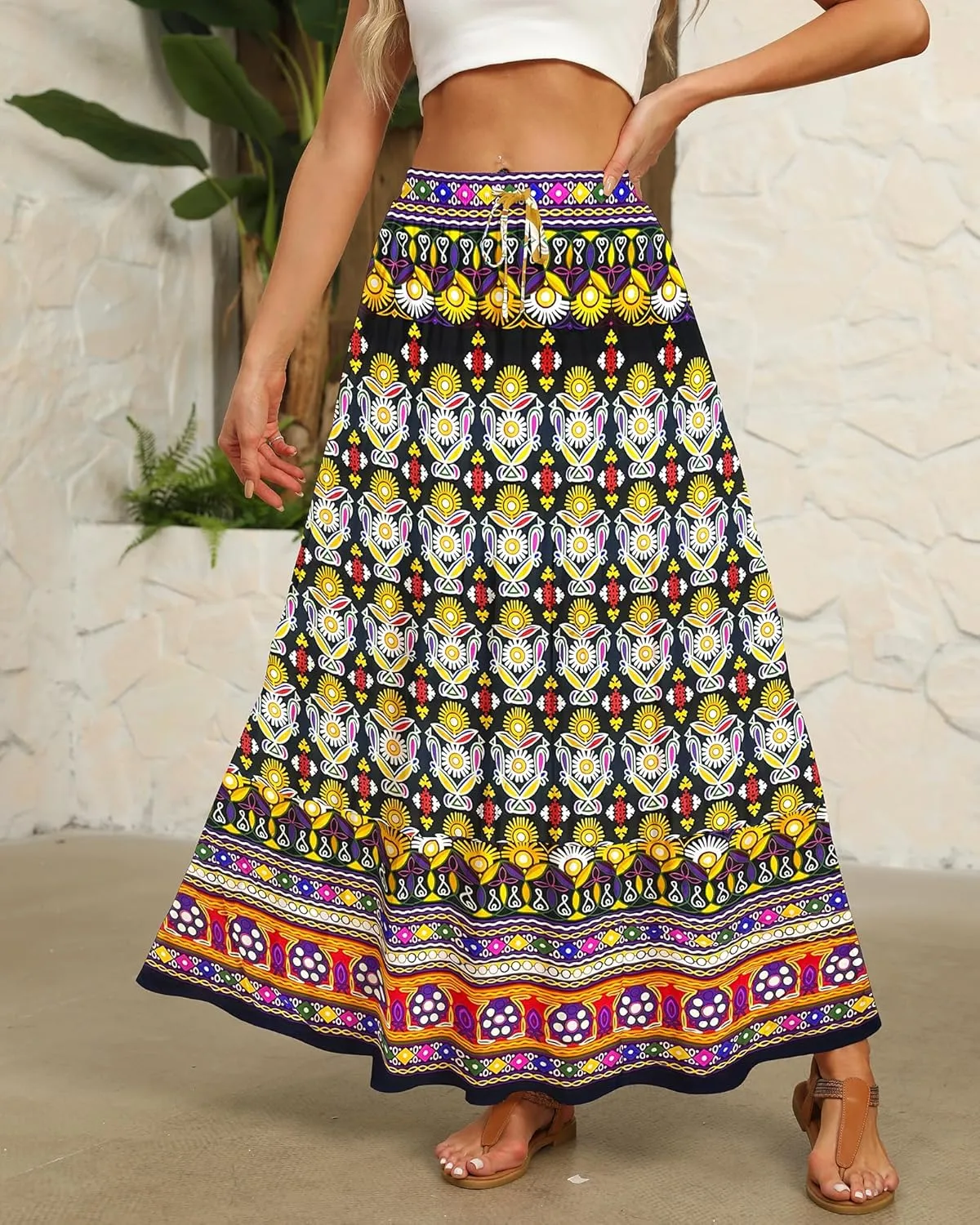 Bsubseach Skirts for Women Summer 2025 Boho Pleated Flowy Long Skirts Casual A Line Floral Maxi Skirt with Pockets