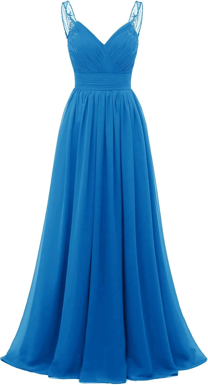 Chiffon Lace Bridesmaid Dresses Long for Women V Neck Pleated Tulle Straps A-Line Prom Evening Wedding Fomal Gowns