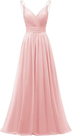 Chiffon Lace Bridesmaid Dresses Long for Women V Neck Pleated Tulle Straps A-Line Prom Evening Wedding Fomal Gowns