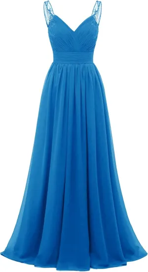 Chiffon Lace Bridesmaid Dresses Long for Women V Neck Pleated Tulle Straps A-Line Prom Evening Wedding Fomal Gowns