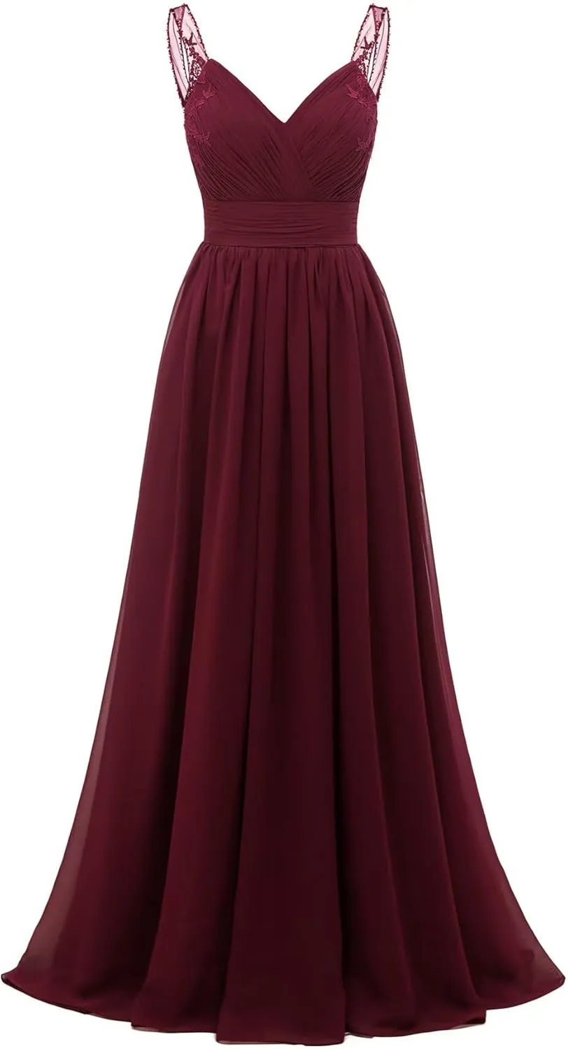 Chiffon Lace Bridesmaid Dresses Long for Women V Neck Pleated Tulle Straps A-Line Prom Evening Wedding Fomal Gowns