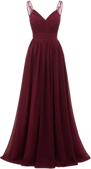 Chiffon Lace Bridesmaid Dresses Long for Women V Neck Pleated Tulle Straps A-Line Prom Evening Wedding Fomal Gowns