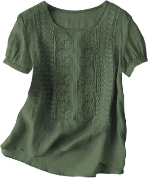 Cotton Gauze Tops for Women Retro Floral Embroidered Top Loose Fit Boho Dressy Casual Blouses Trendy Summer Outfits