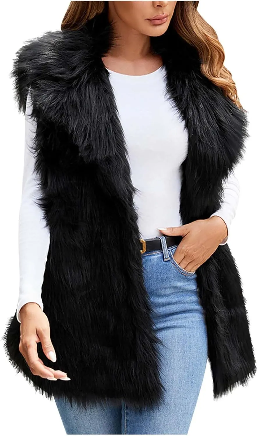 DDAPJ pyju Faux Fur Vest Jacket for Women Sleeveless Open Front Winter Warm Waistcoat Fluffy Fuzzy Gilet Coat Outerwear