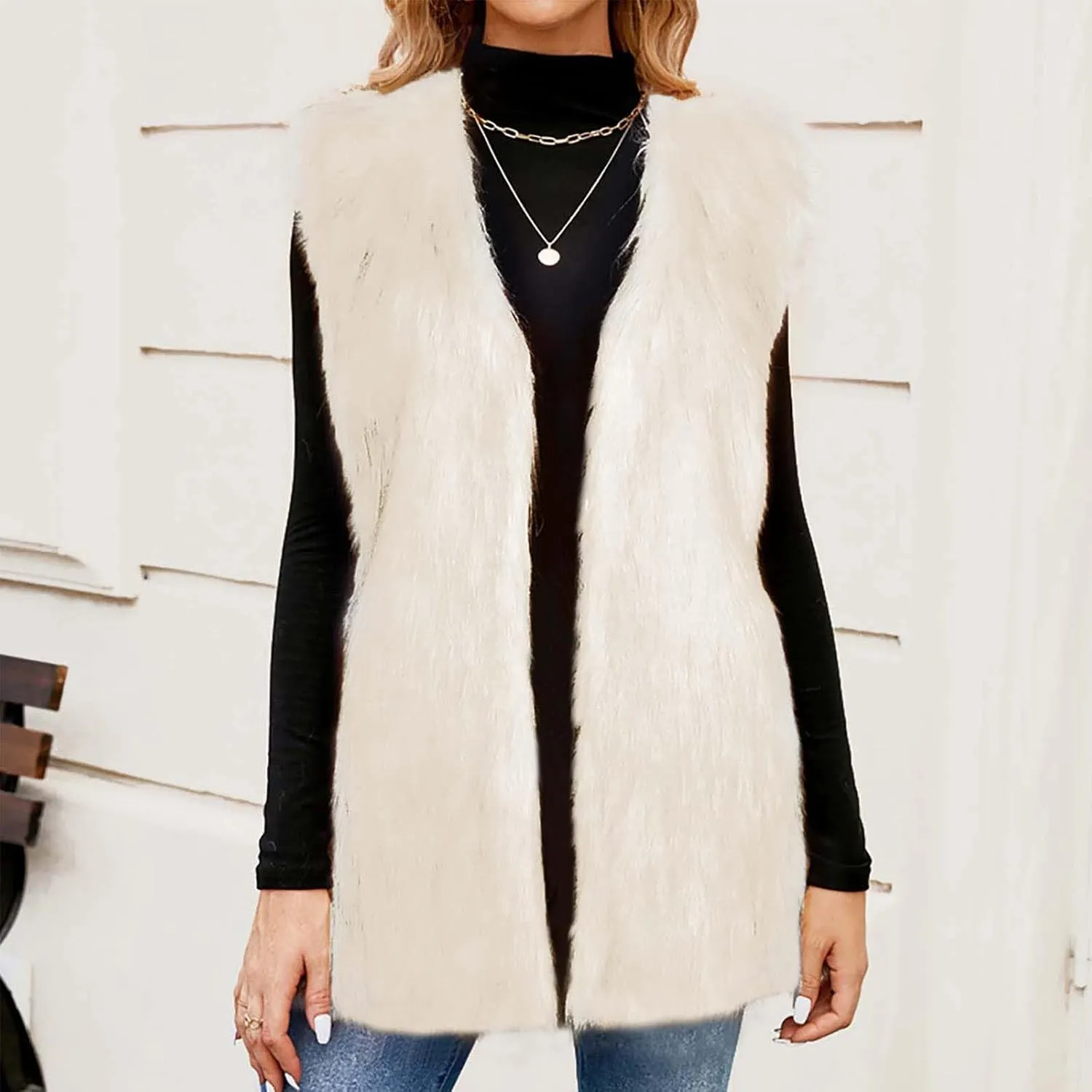 DDAPJ pyju Faux Fur Vest Jacket for Women Sleeveless Open Front Winter Warm Waistcoat Fluffy Fuzzy Gilet Coat Outerwear