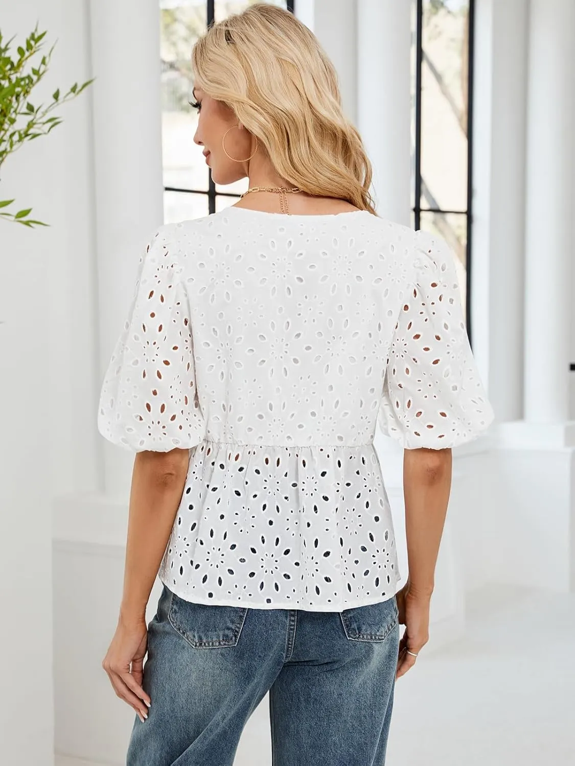 FARORO Women's Summer Dressy Casual Tops Short Puff Sleeve Babydoll Peplum Blouse Bow Tie Front Hollow Out Lace Shirts