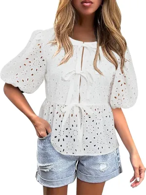 FARORO Women's Summer Dressy Casual Tops Short Puff Sleeve Babydoll Peplum Blouse Bow Tie Front Hollow Out Lace Shirts