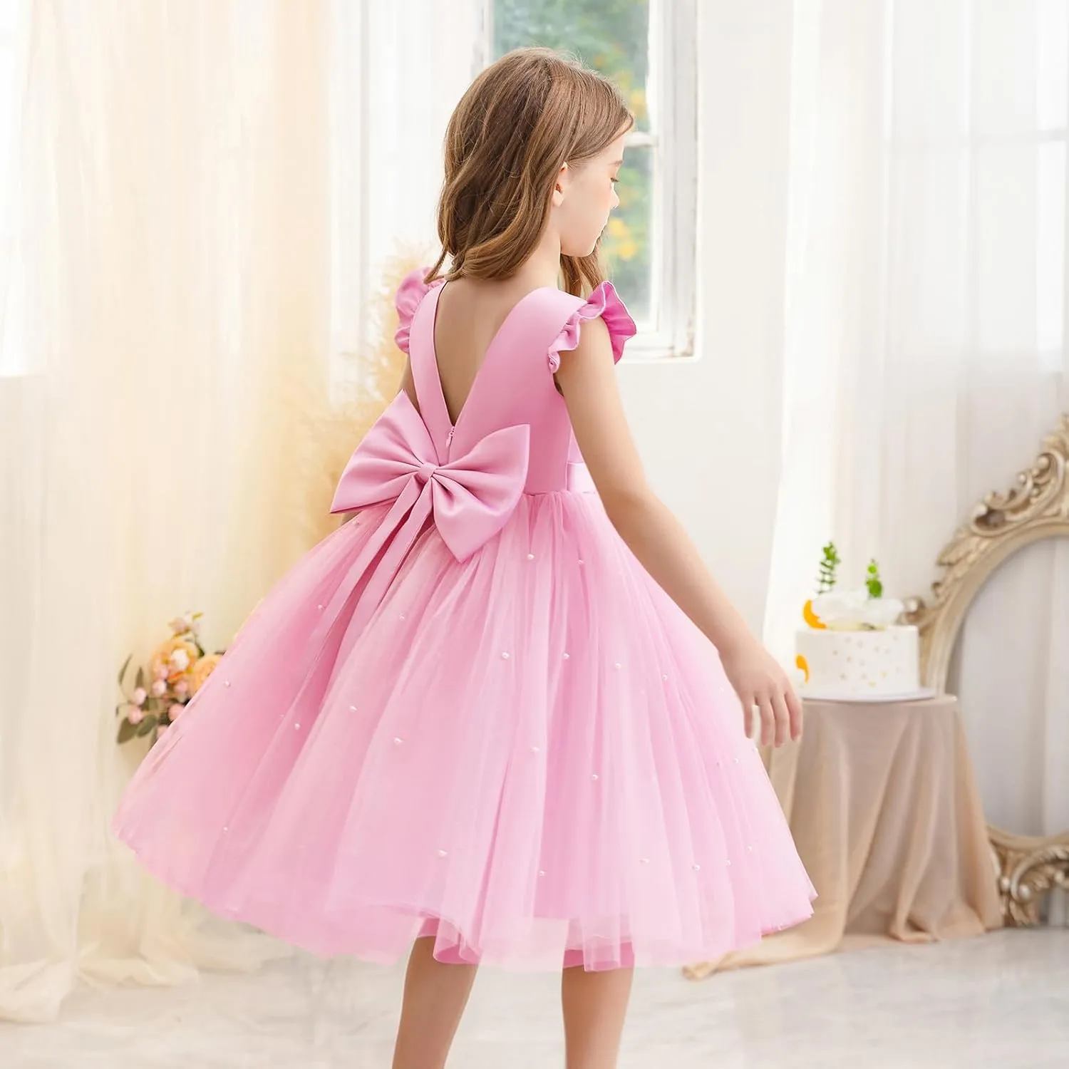 Flower Girl Dress Wedding Guest Ruffle Tulle Satin Party Birthday Princess Pageant Gown Kids Knee Length