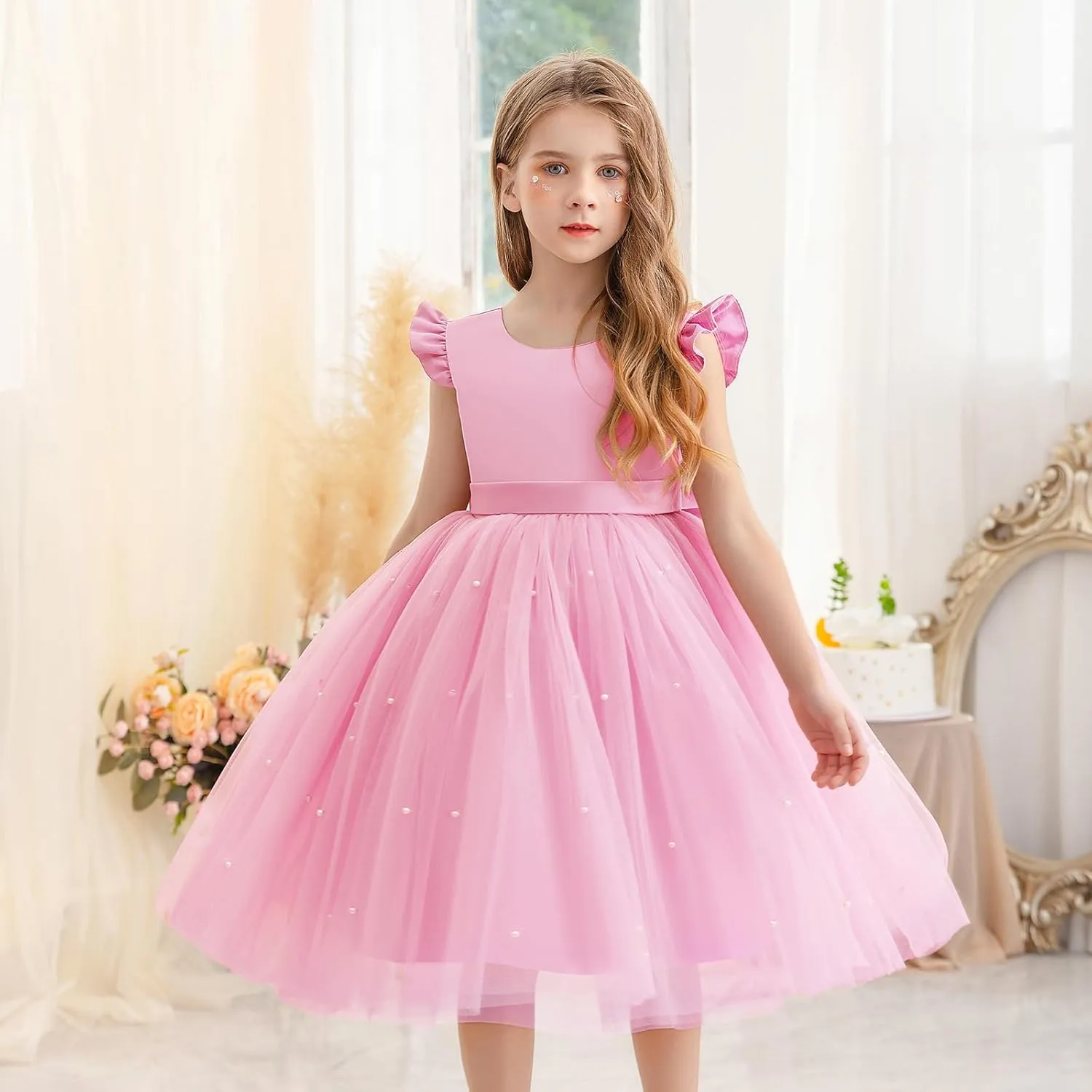Flower Girl Dress Wedding Guest Ruffle Tulle Satin Party Birthday Princess Pageant Gown Kids Knee Length