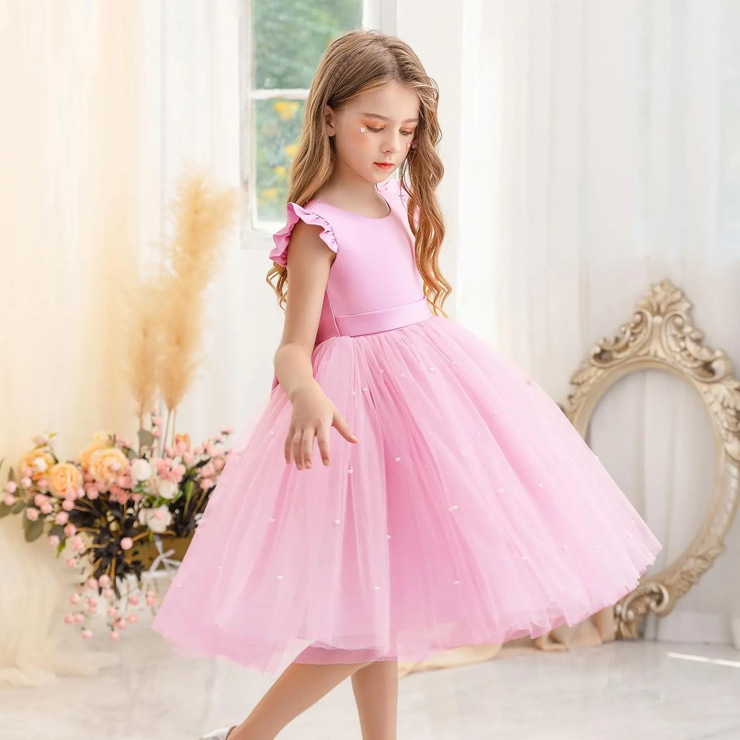 Flower Girl Dress Wedding Guest Ruffle Tulle Satin Party Birthday Princess Pageant Gown Kids Knee Length