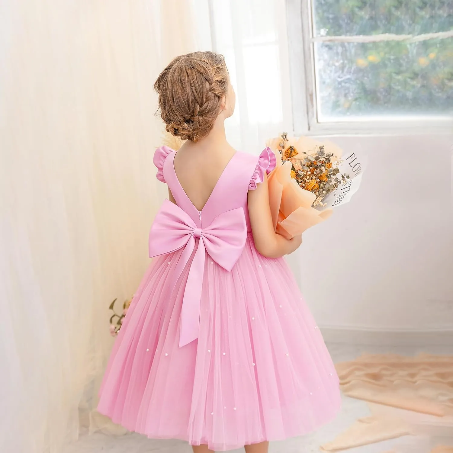 Flower Girl Dress Wedding Guest Ruffle Tulle Satin Party Birthday Princess Pageant Gown Kids Knee Length