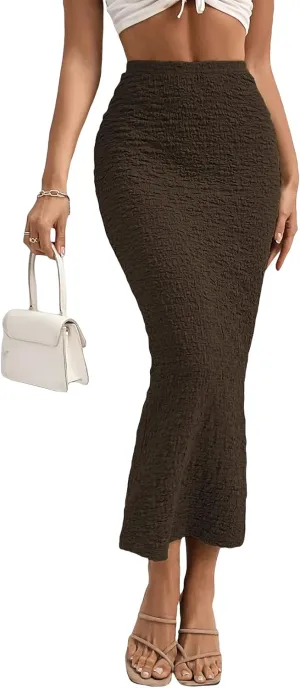 GORGLITTER Women's High Waisted Long Pencil Skirts Ribbed Knit Flowy Bodycon Maxi Skirt