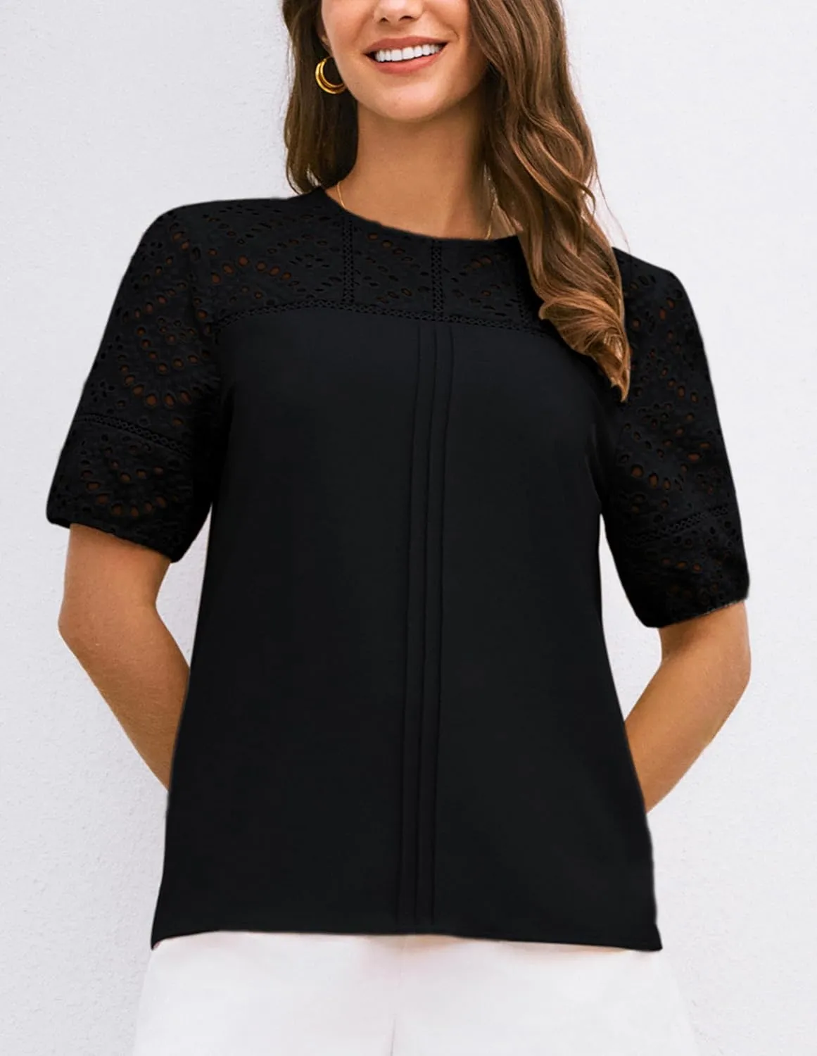 GRACE KARIN Women's 2025 Casual Tops Short Sleeve Eyelet Embroidered Summer Trendy Shirts Crewneck Crochet Blouses