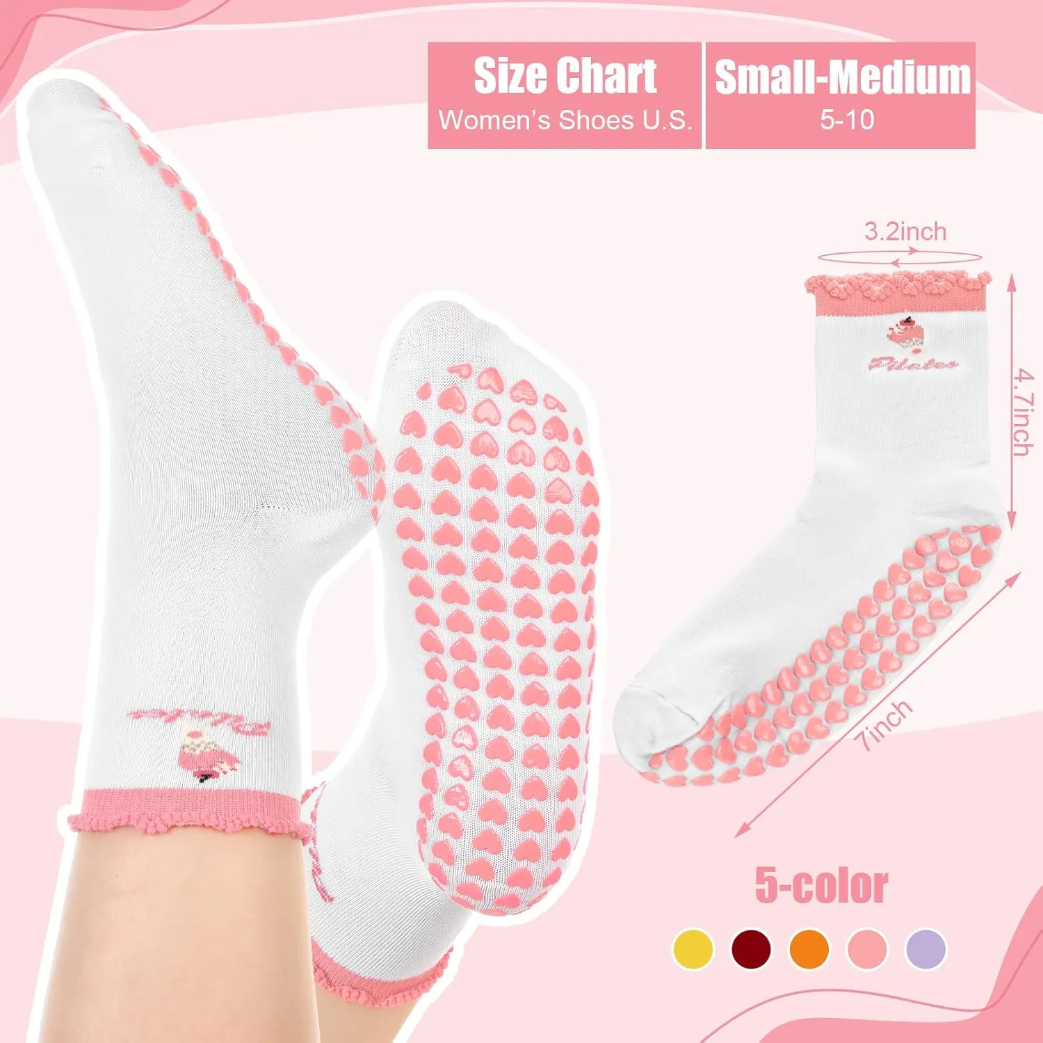 Jeyiour 10 Pair Pilates Socks for Women Ruffle Cuff Grips Yoga Non Slip Athletic Sock Ballet Crew Stocking