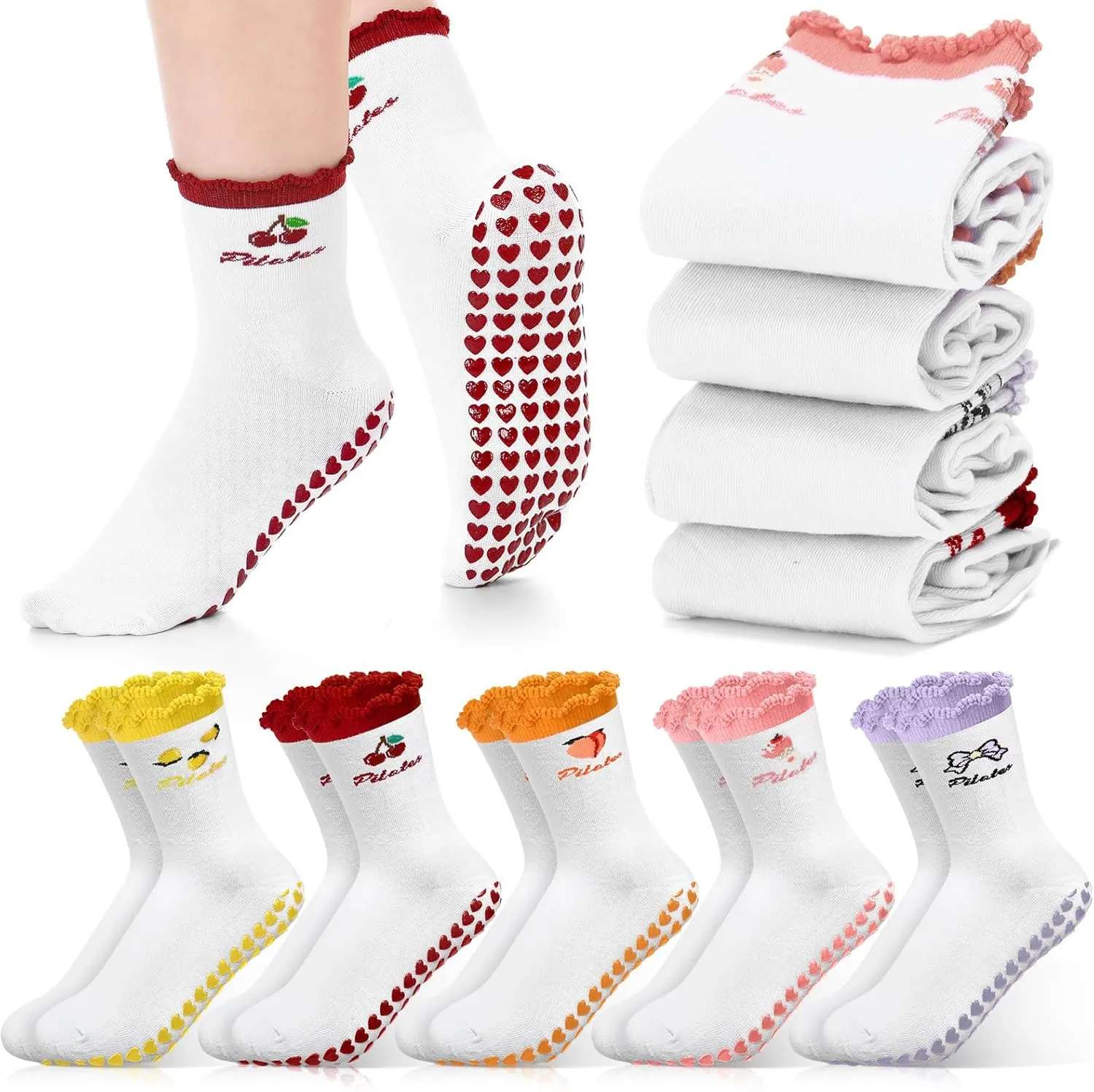 Jeyiour 10 Pair Pilates Socks for Women Ruffle Cuff Grips Yoga Non Slip Athletic Sock Ballet Crew Stocking