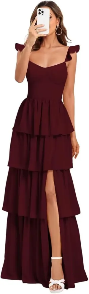 Kyeuan Tiered Ruffle Chiffon Bridesmaid Dresses Long Spaghetti Strap Side Slit Formal Evening Dresses for Women Wedding Guest