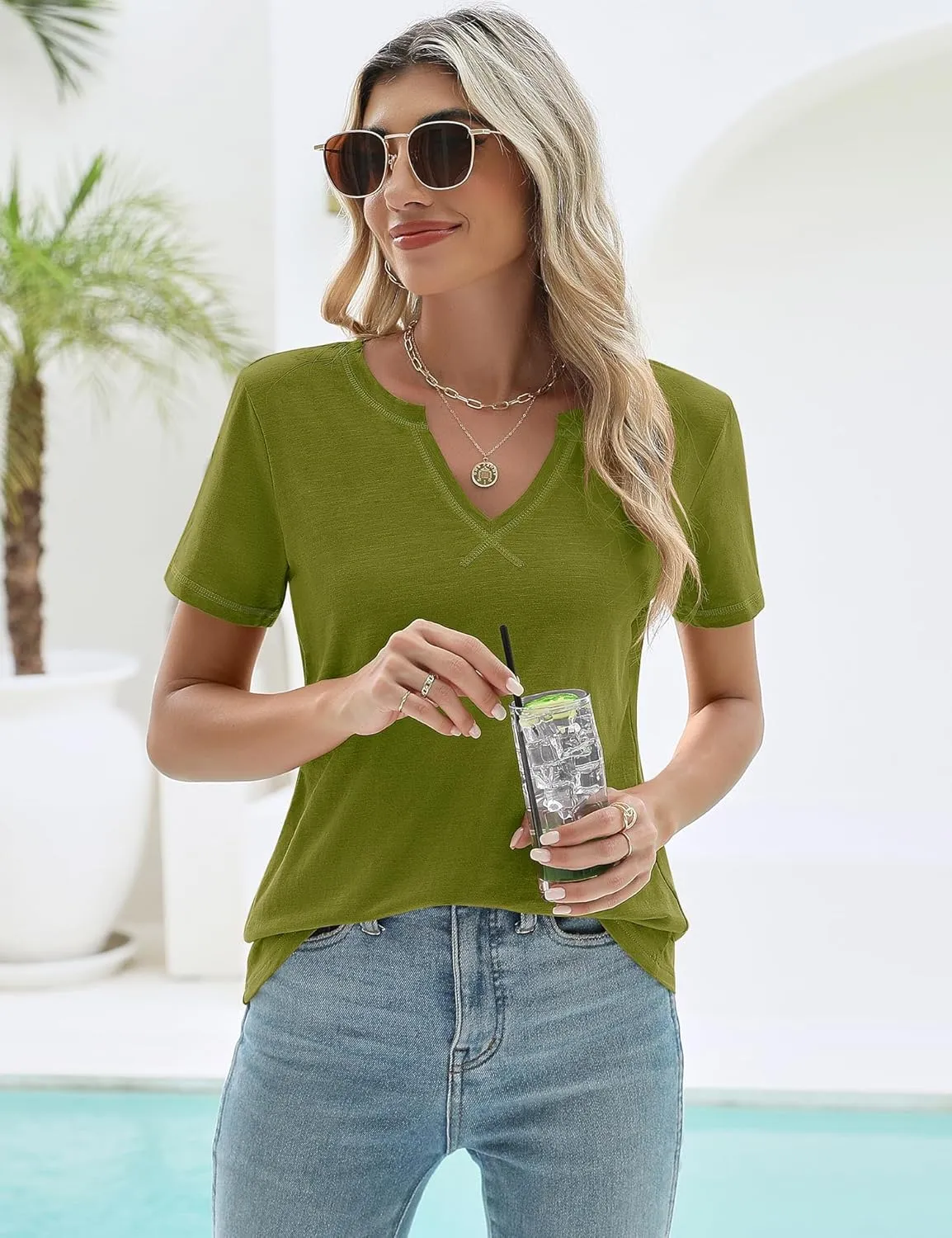 LOMON Womens Short Sleeve T Shirts V Neck Cute Basic Tee Summer Tops Dressy Casual