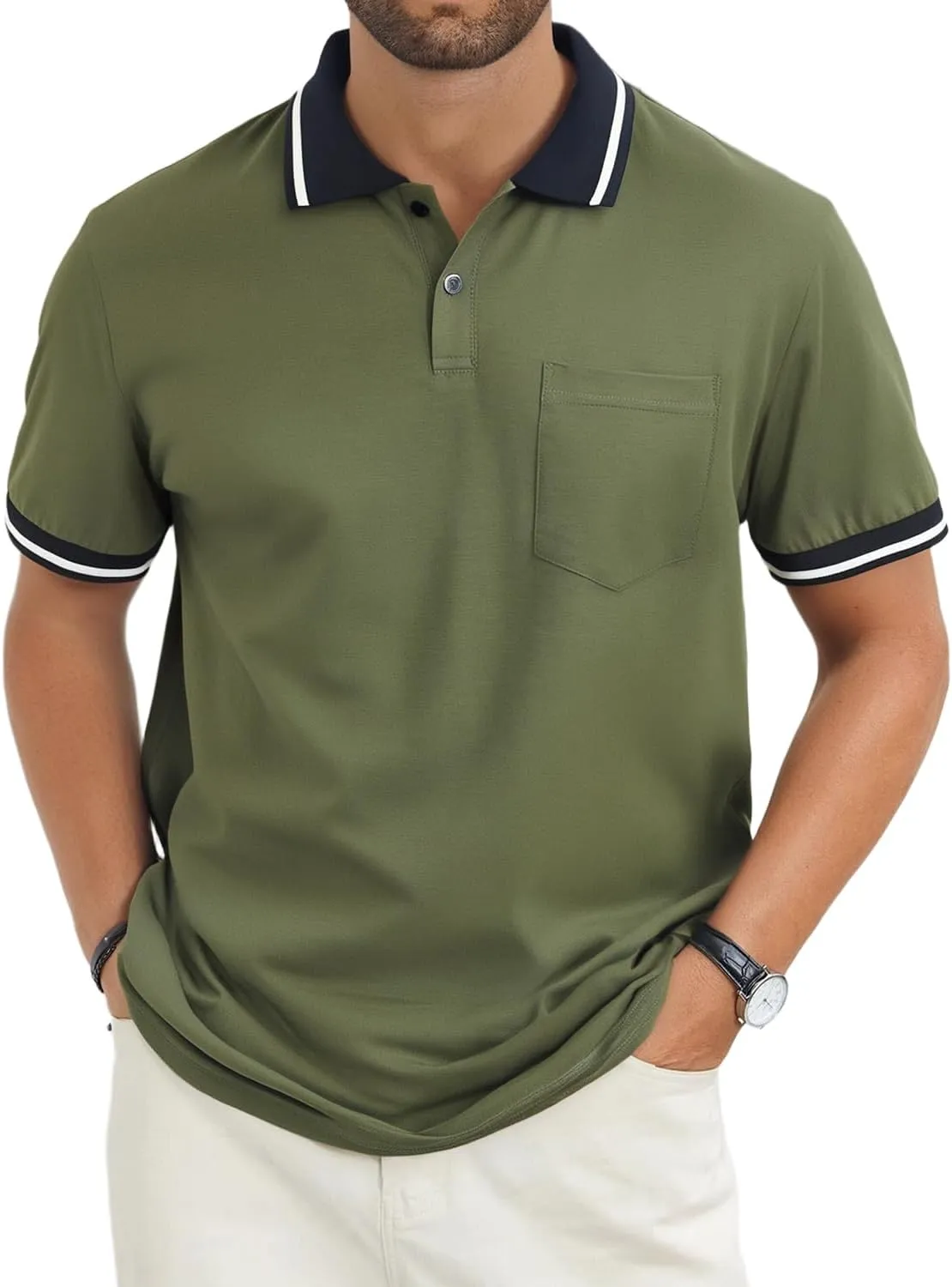 Men's Casual Short Sleeve Polo Shirts Classic Button Summer Collared Golf Top T-Shirt with Pocket