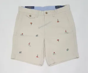 Nwt Polo Ralph Lauren Khaki Allover Sailing Embroidered Stretch Straight Fit Shorts