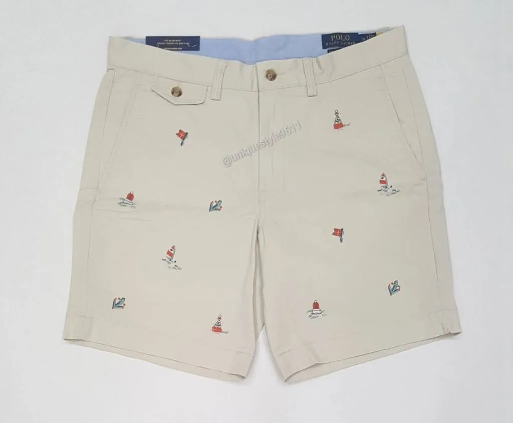 Nwt Polo Ralph Lauren Khaki Allover Sailing Embroidered Stretch Straight Fit Shorts