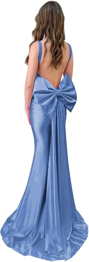 OFEYCHUN Mermaid Prom Dresses 2025 Satin Backless Evening Gown Cowl Neck Straps Formal Dress with Bow