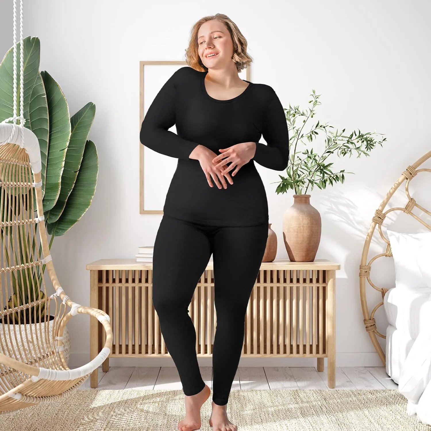 Patelai 2 Sets Plus Size Long Thermal Underwear for Women Fleece Lined Base Layer Pajama Top and Bottom Cold Weather