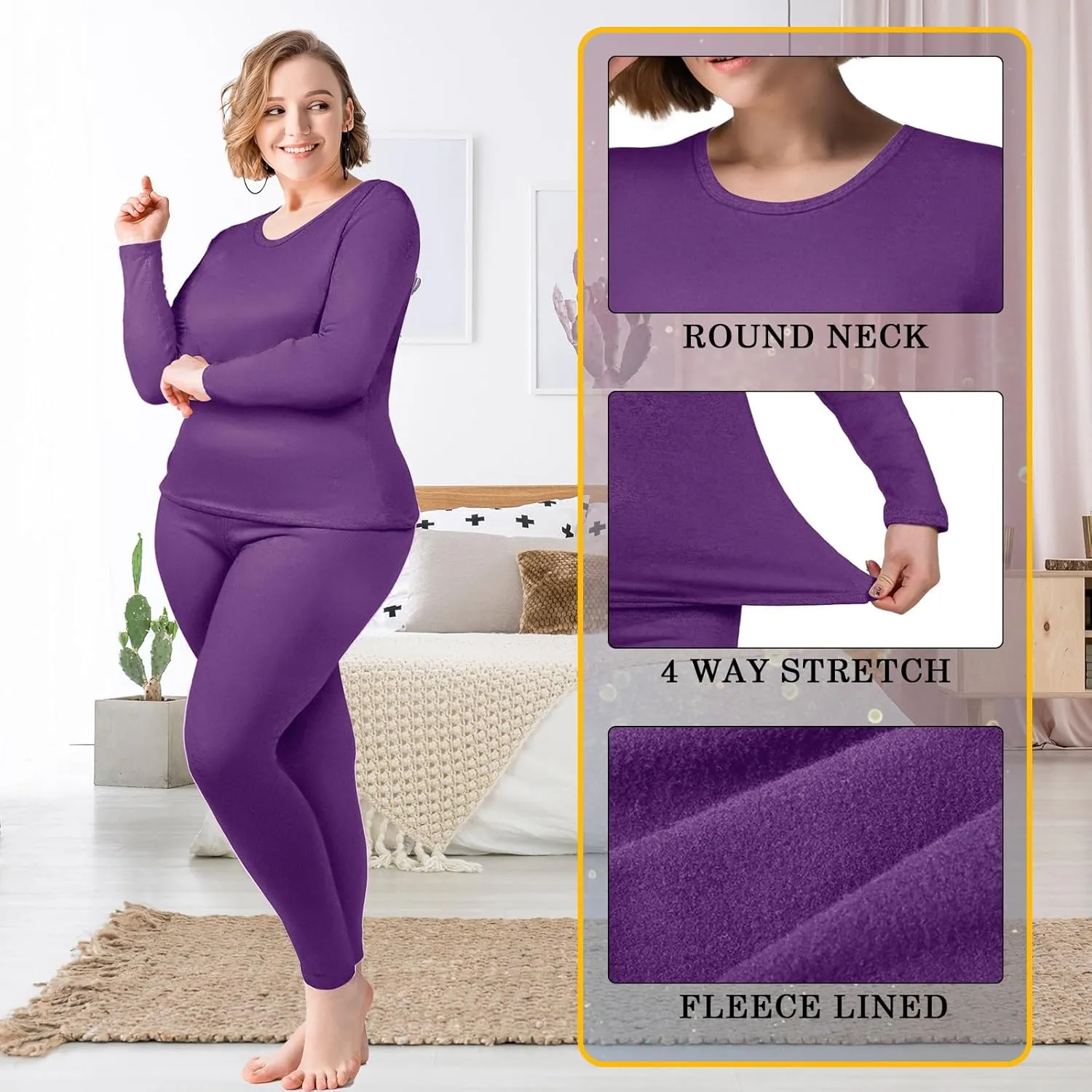 Patelai 2 Sets Plus Size Long Thermal Underwear for Women Fleece Lined Base Layer Pajama Top and Bottom Cold Weather