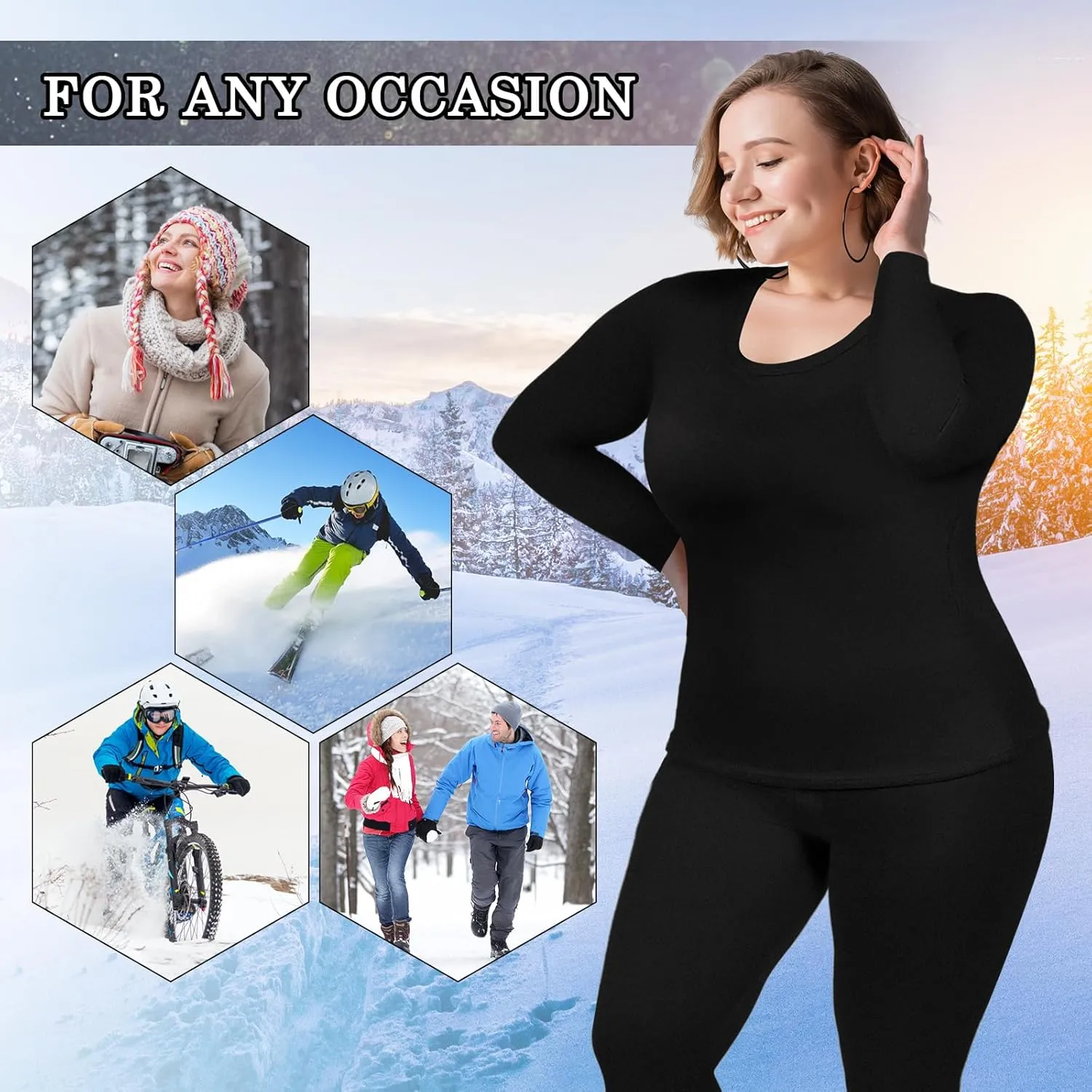 Patelai 2 Sets Plus Size Long Thermal Underwear for Women Fleece Lined Base Layer Pajama Top and Bottom Cold Weather