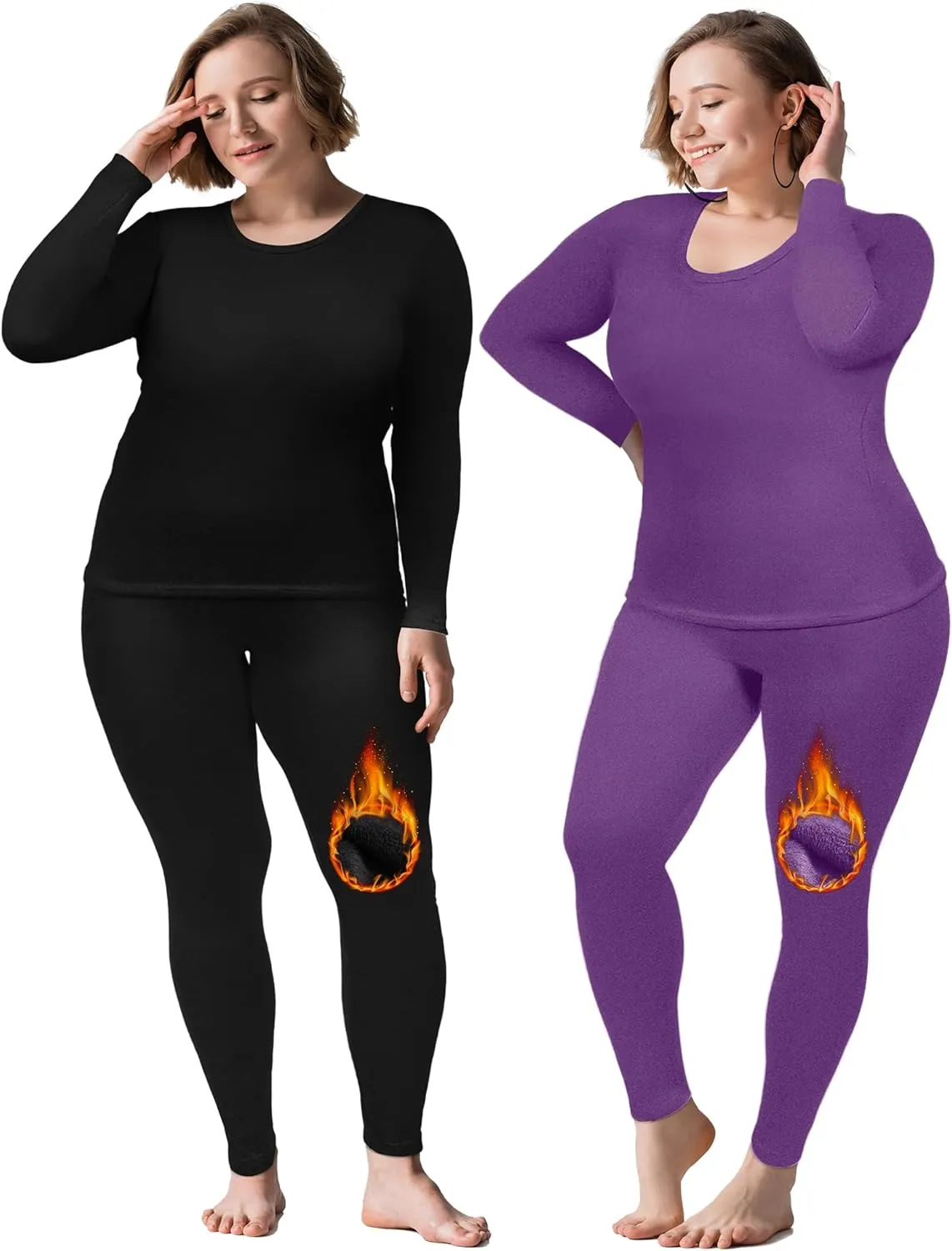 Patelai 2 Sets Plus Size Long Thermal Underwear for Women Fleece Lined Base Layer Pajama Top and Bottom Cold Weather