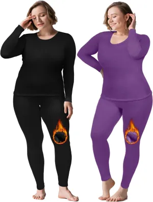 Patelai 2 Sets Plus Size Long Thermal Underwear for Women Fleece Lined Base Layer Pajama Top and Bottom Cold Weather