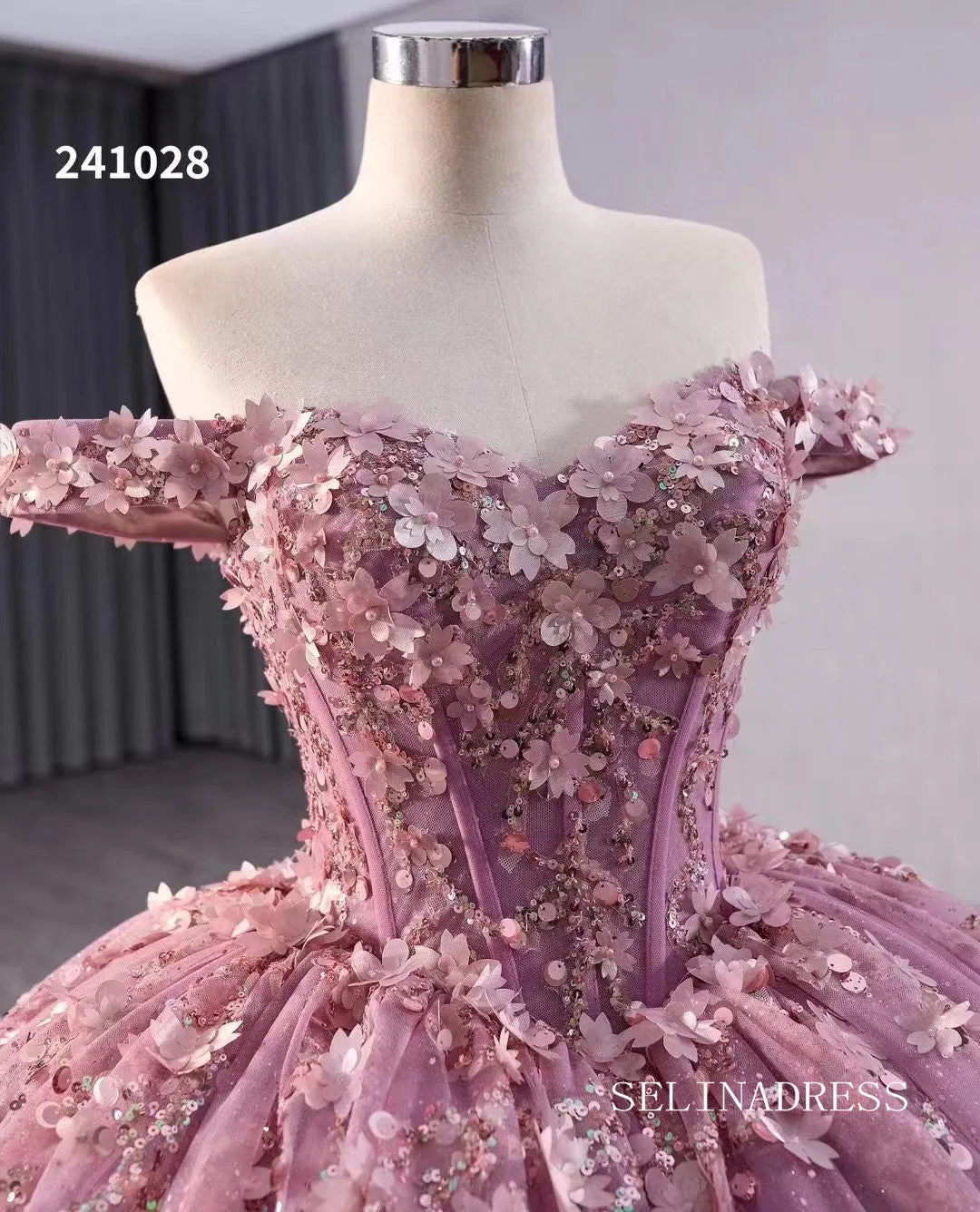 Pink Beaded Floral Wedding Dress Off the Shoulder Quinceanera Dress 241028