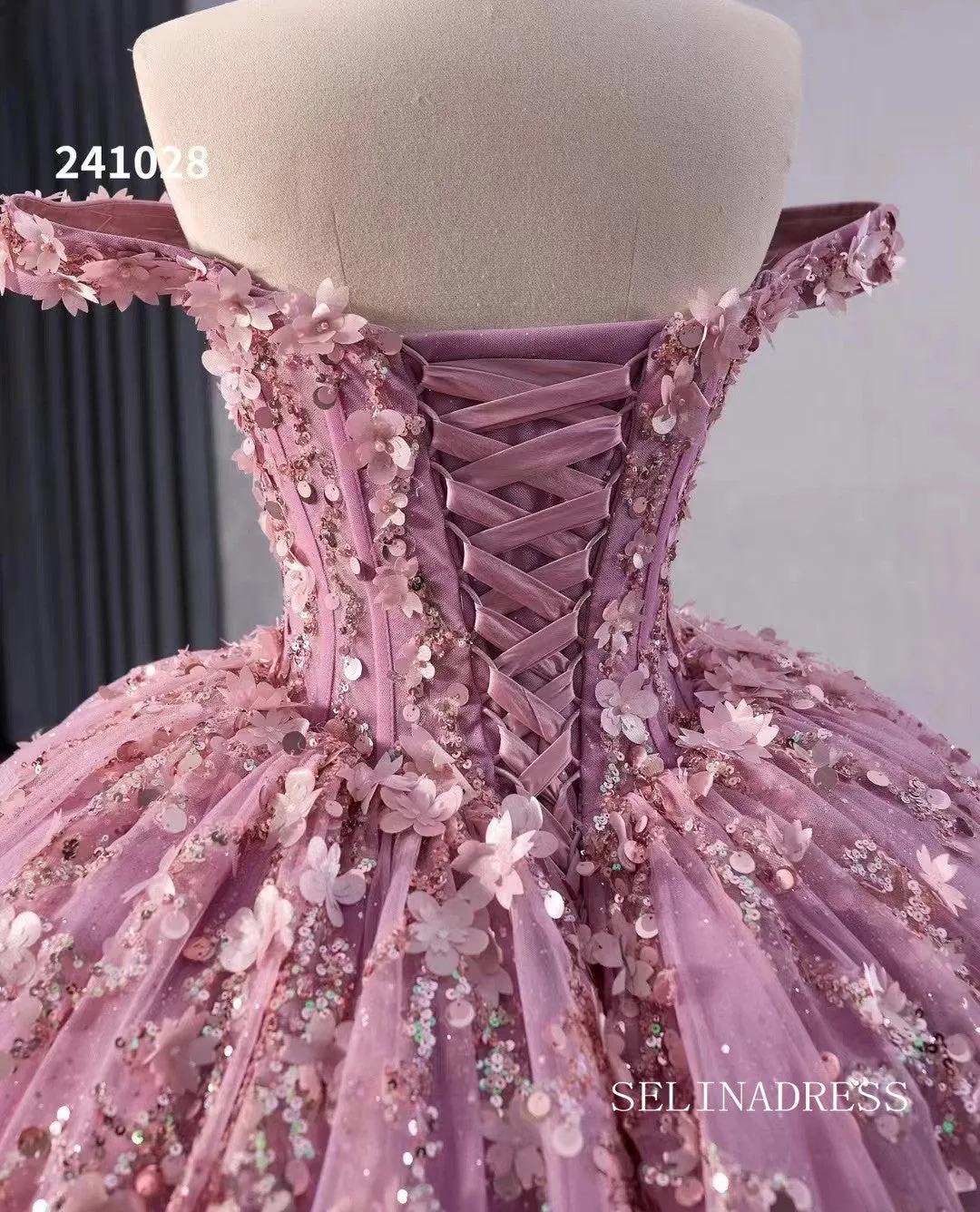 Pink Beaded Floral Wedding Dress Off the Shoulder Quinceanera Dress 241028