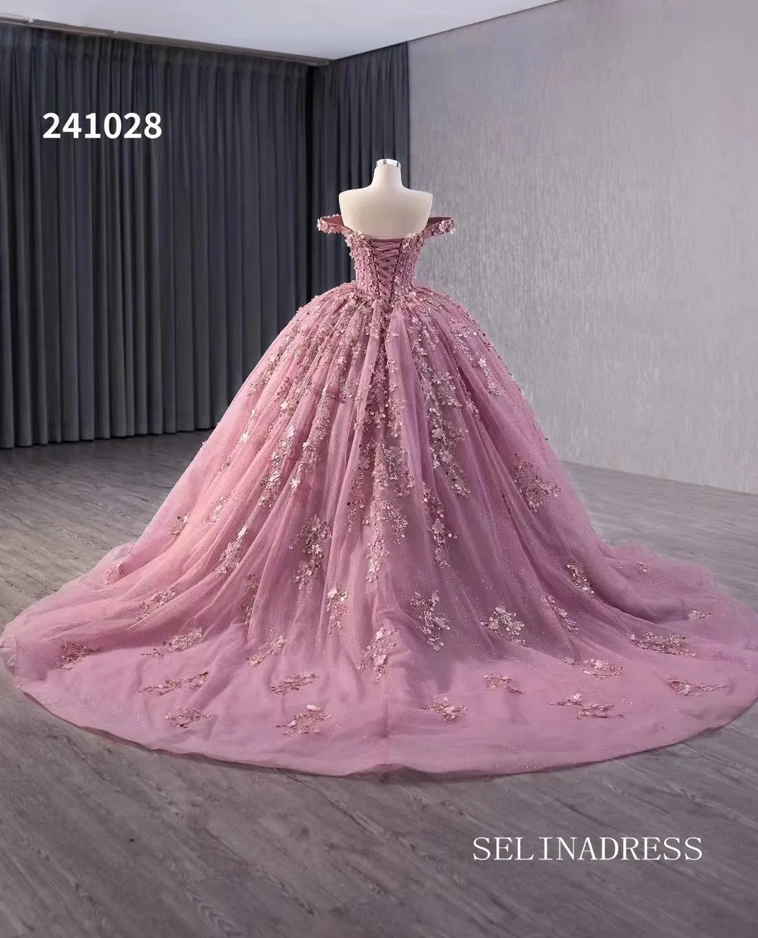 Pink Beaded Floral Wedding Dress Off the Shoulder Quinceanera Dress 241028