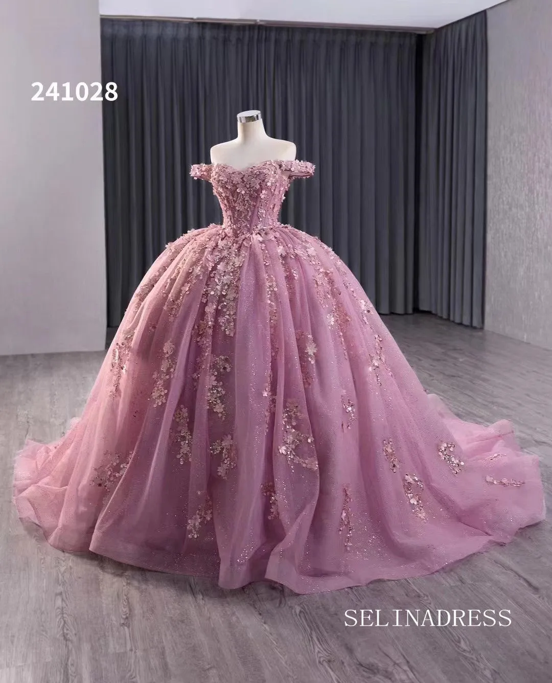 Pink Beaded Floral Wedding Dress Off the Shoulder Quinceanera Dress 241028