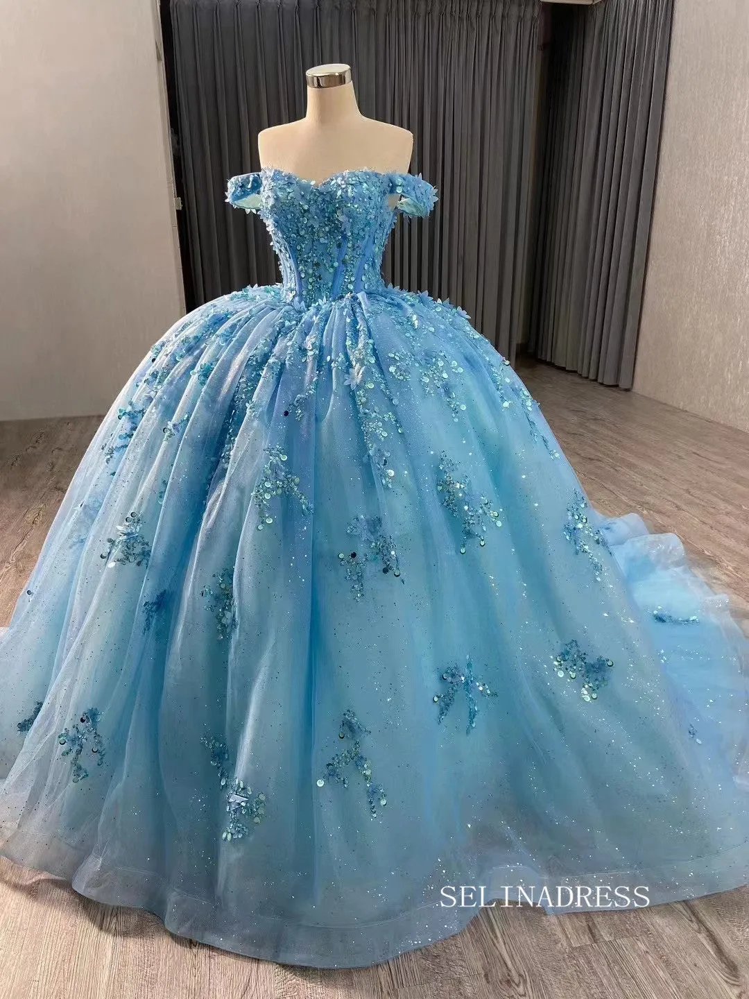Pink Beaded Floral Wedding Dress Off the Shoulder Quinceanera Dress 241028