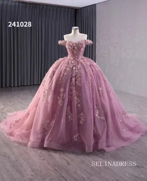 Pink Beaded Floral Wedding Dress Off the Shoulder Quinceanera Dress 241028