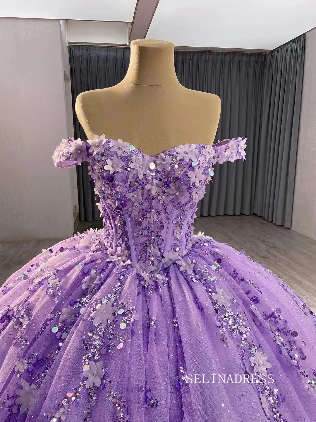 Pink Beaded Floral Wedding Dress Off the Shoulder Quinceanera Dress 241028