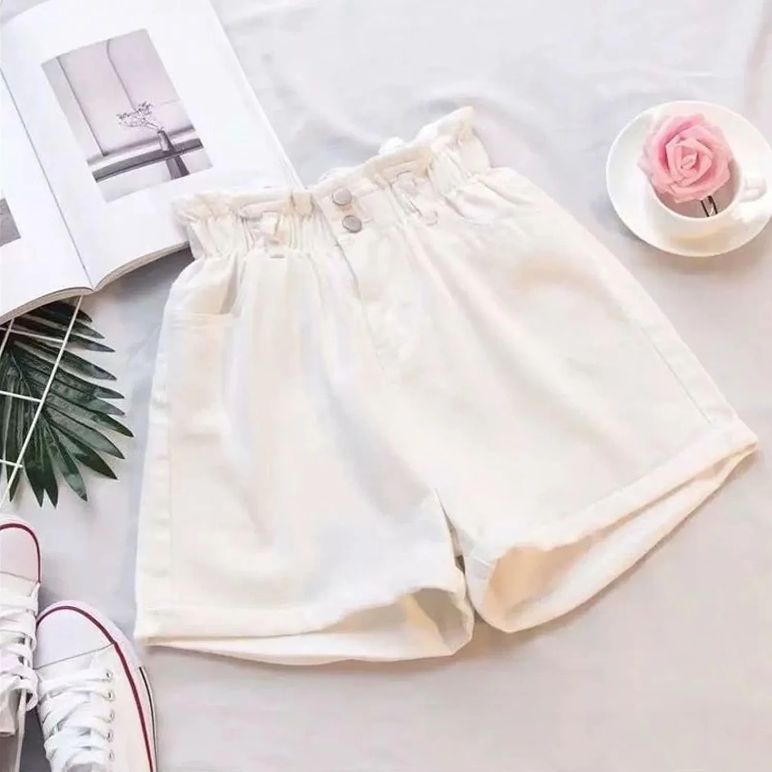 Plus Size Paperbag Denim Shorts for Women Casual Rolled Elastic Jean Shorts Summer Loose Short Pants with Pockets