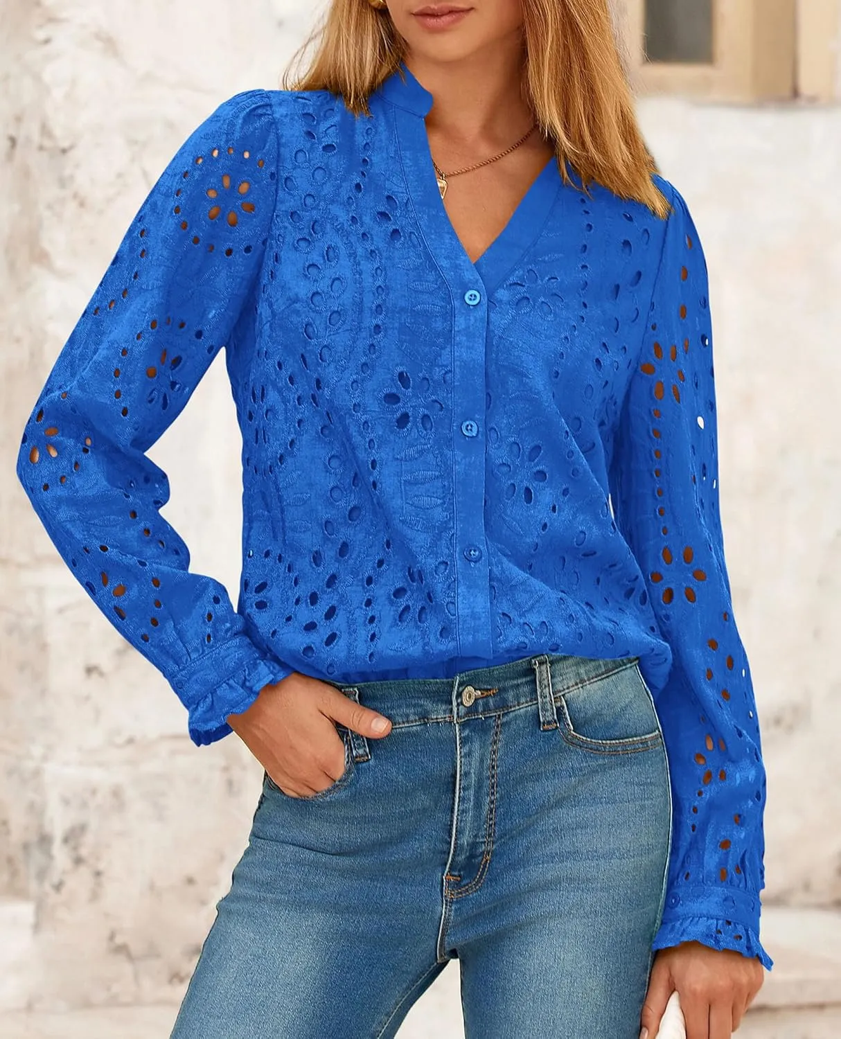 PRETTYGARDEN Women's Eyelet Tops 2025 Spring Dressy Casual Blouses Lace Long Sleeve Button V Neck Shirts