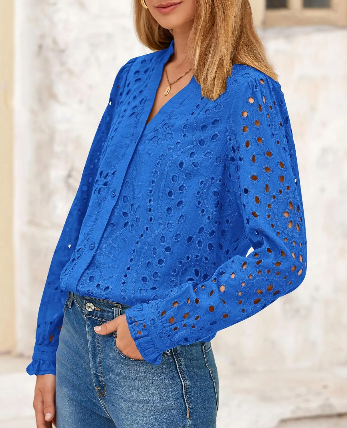 PRETTYGARDEN Women's Eyelet Tops 2025 Spring Dressy Casual Blouses Lace Long Sleeve Button V Neck Shirts