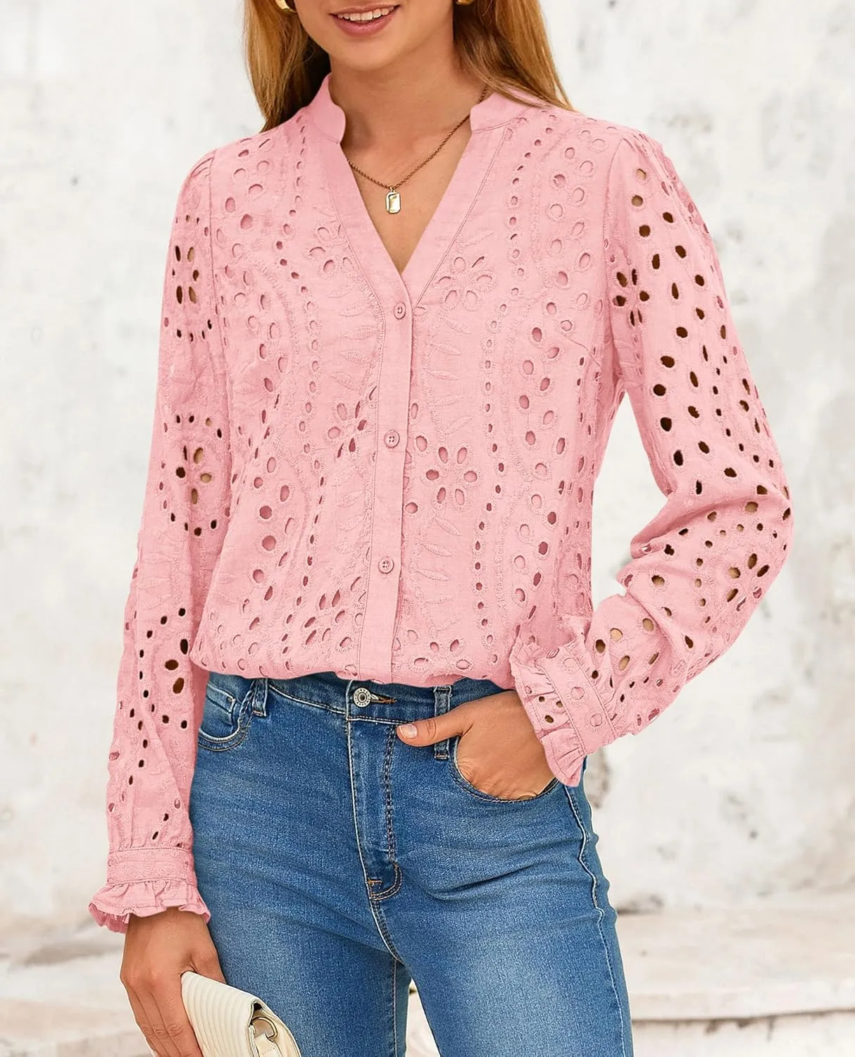 PRETTYGARDEN Women's Eyelet Tops 2025 Spring Dressy Casual Blouses Lace Long Sleeve Button V Neck Shirts
