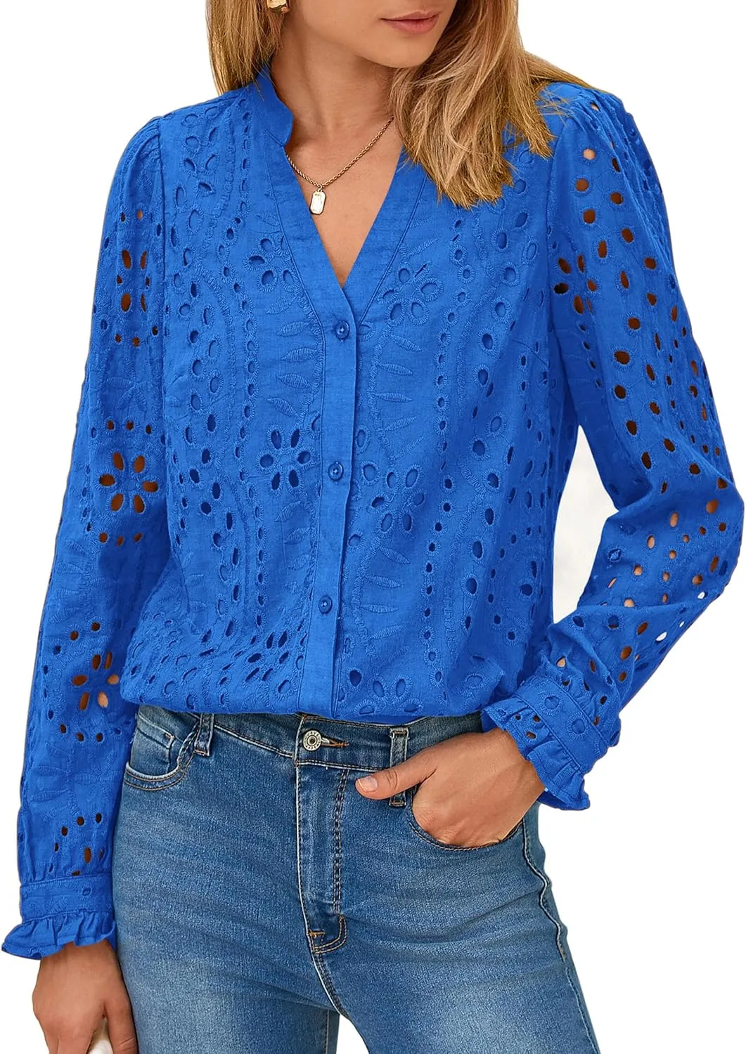 PRETTYGARDEN Women's Eyelet Tops 2025 Spring Dressy Casual Blouses Lace Long Sleeve Button V Neck Shirts