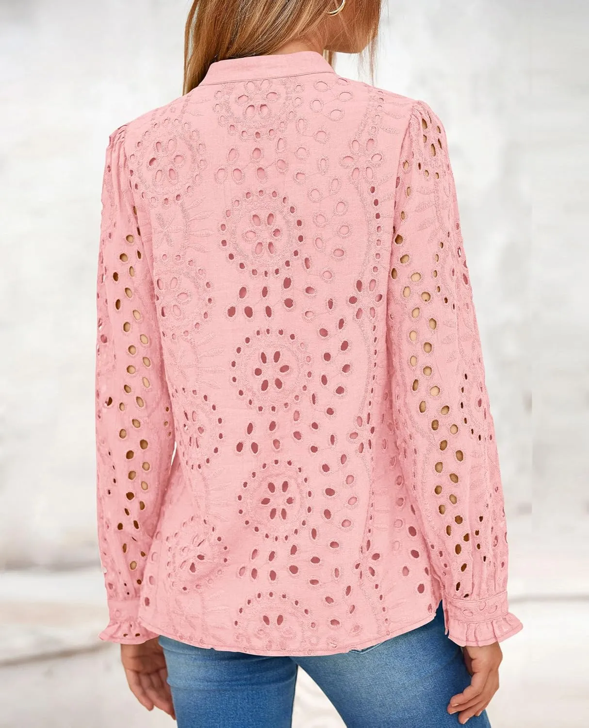 PRETTYGARDEN Women's Eyelet Tops 2025 Spring Dressy Casual Blouses Lace Long Sleeve Button V Neck Shirts