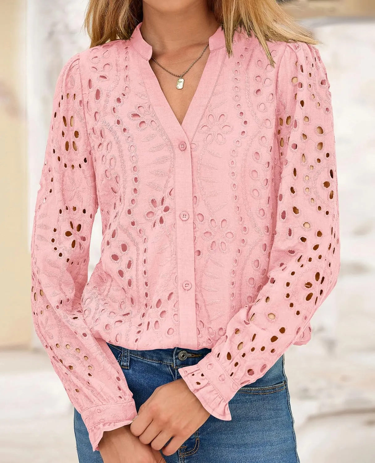 PRETTYGARDEN Women's Eyelet Tops 2025 Spring Dressy Casual Blouses Lace Long Sleeve Button V Neck Shirts