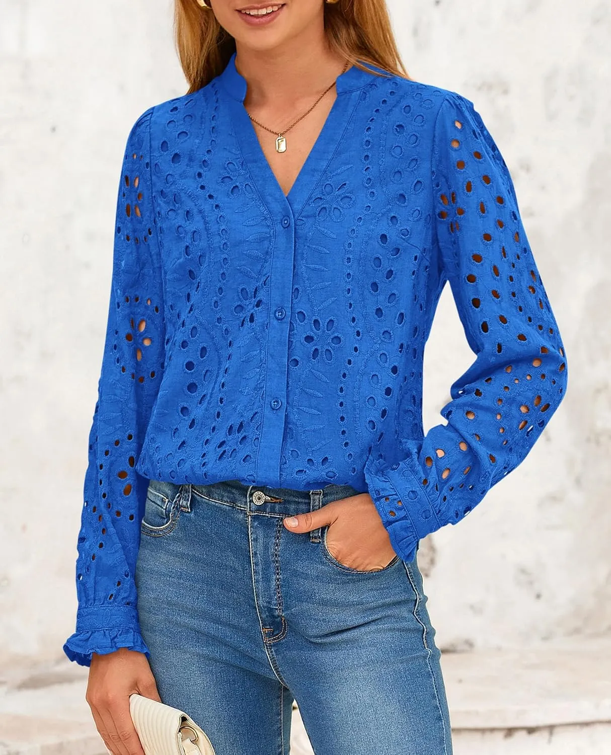 PRETTYGARDEN Women's Eyelet Tops 2025 Spring Dressy Casual Blouses Lace Long Sleeve Button V Neck Shirts