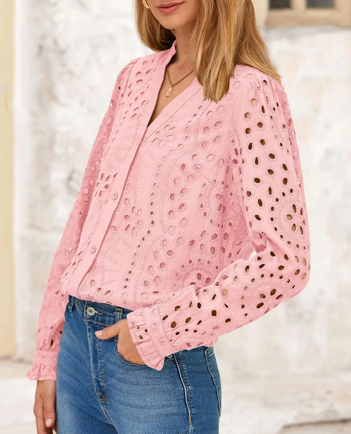 PRETTYGARDEN Women's Eyelet Tops 2025 Spring Dressy Casual Blouses Lace Long Sleeve Button V Neck Shirts