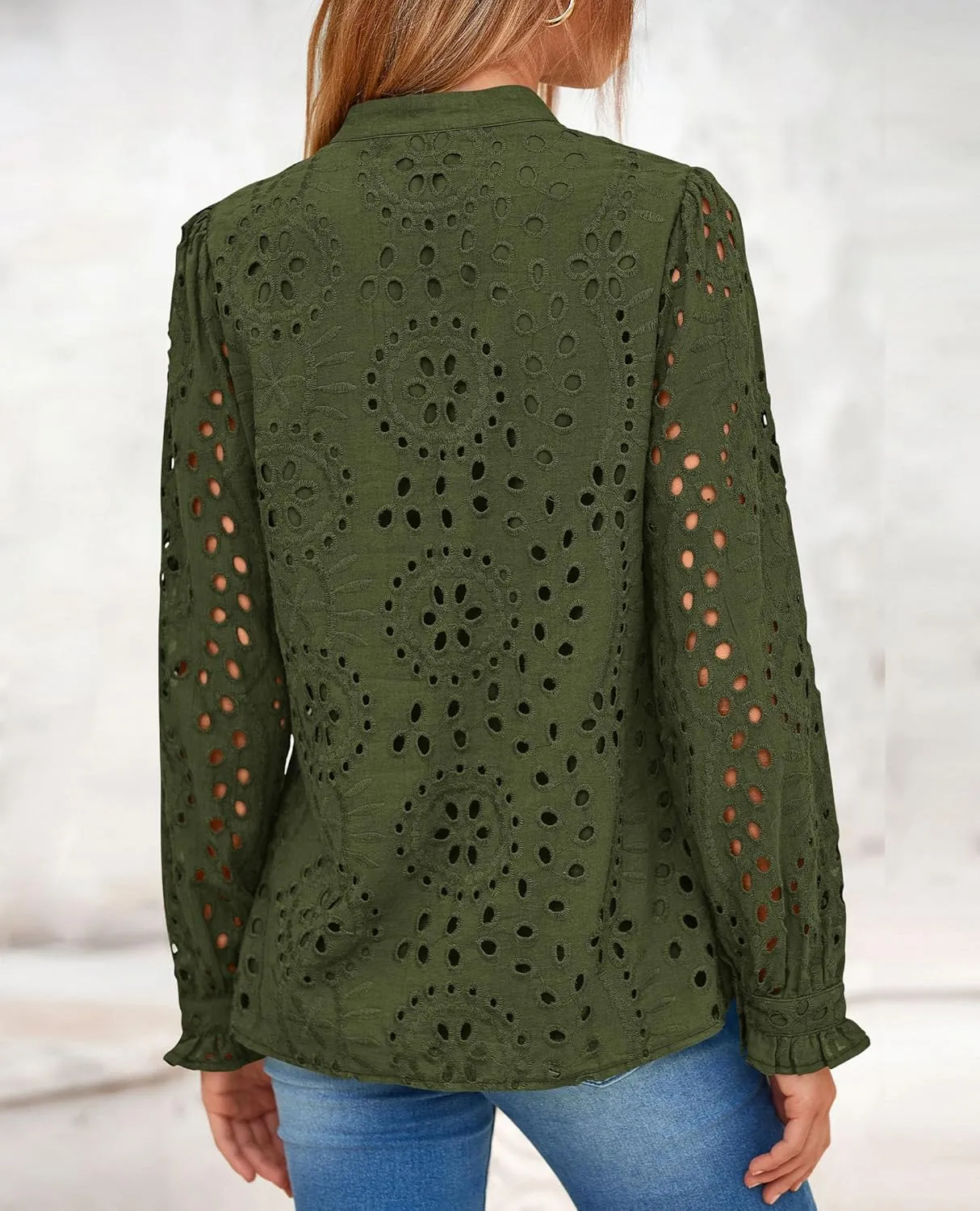 PRETTYGARDEN Women's Eyelet Tops 2025 Spring Dressy Casual Blouses Lace Long Sleeve Button V Neck Shirts