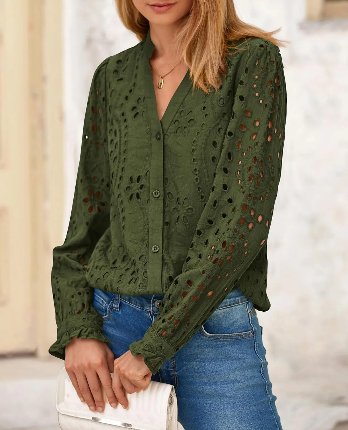 PRETTYGARDEN Women's Eyelet Tops 2025 Spring Dressy Casual Blouses Lace Long Sleeve Button V Neck Shirts